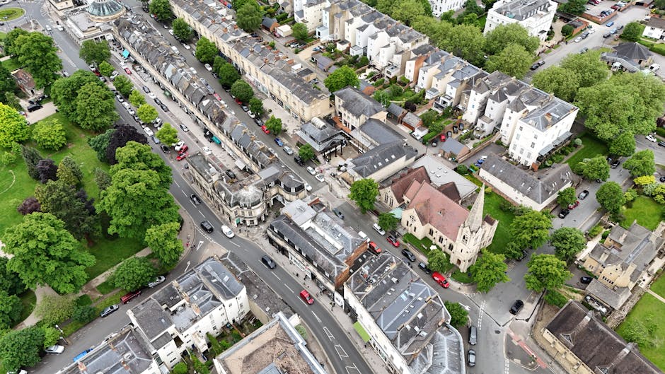 A street scene showing several parked cars alongside the pavement of a residential area with trees and greenery. In the background, there is a prominent historic building with a clock tower topped by 